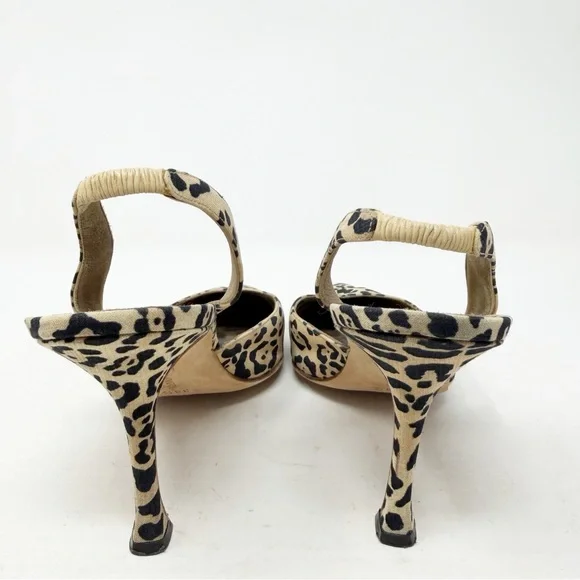 Manolo Blahnik Carolyne Leopard Print Canvas Slingback Heels Womens Size EU 38.5 - Picture 3 of 9